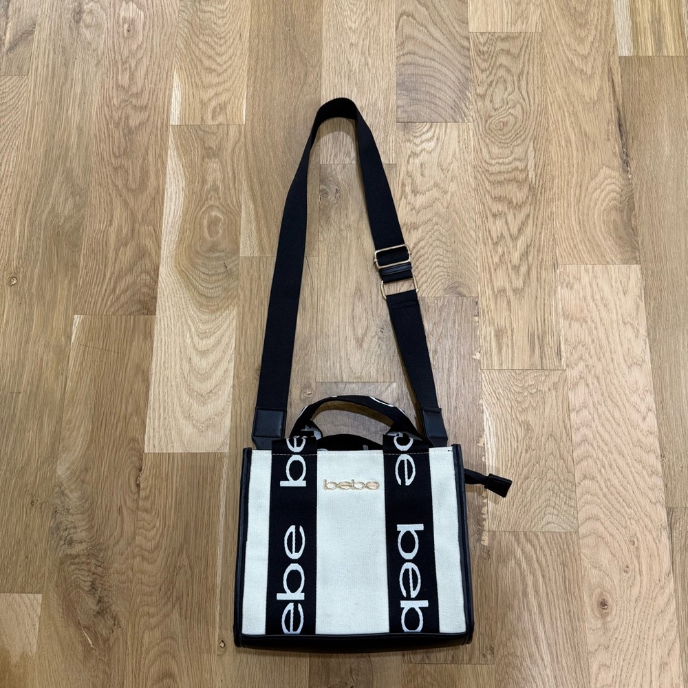 Bebe Hana Black and Cream Canvas Purse